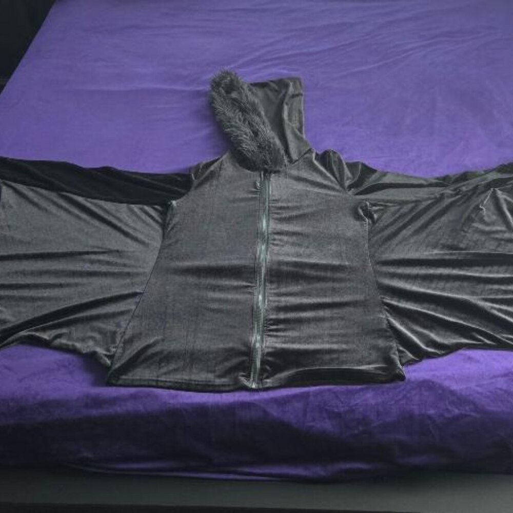 ROMWE PUNK Zip Up Fuzzy Trim Hooded Velvet Bat Shaped Coat - Picture 2 of 6